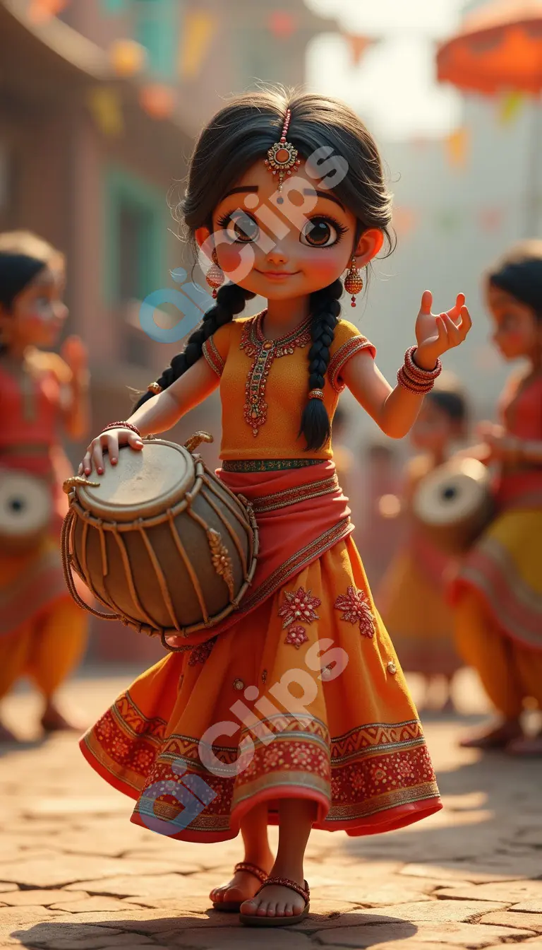 Cute Indian Cartoon Girl in Traditional Dress Playing Dholak