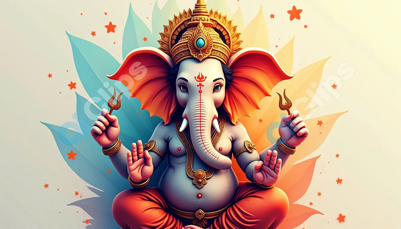 Vibrant Lord Ganesha Illustration with Lotus and Stars