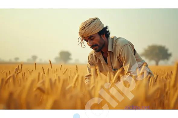 Indian Farmer Inspecting Wheat Crop in Golden Fields