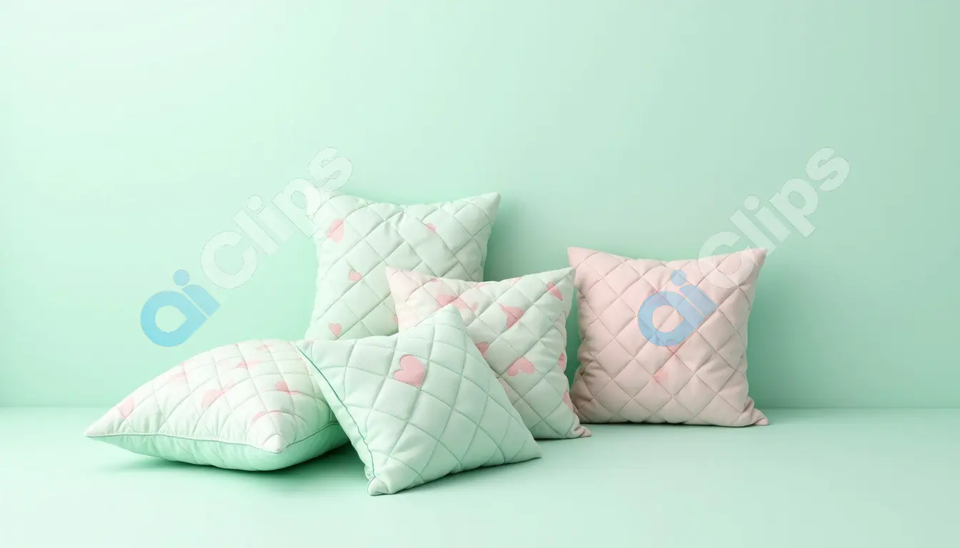 Quilted Heart Cushions on Mint Green Background