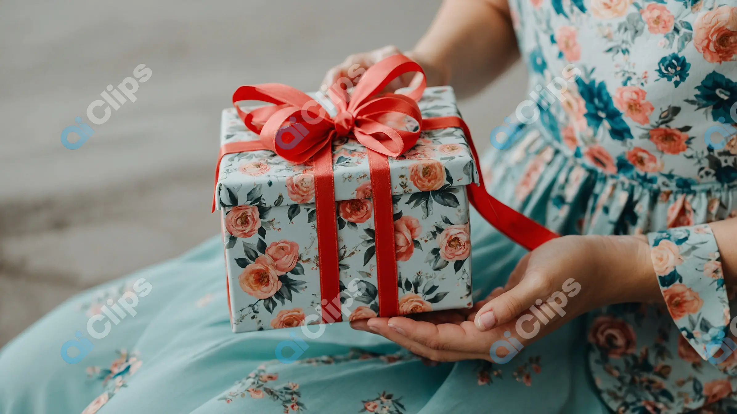 Floral Gift Box with Red Ribbon