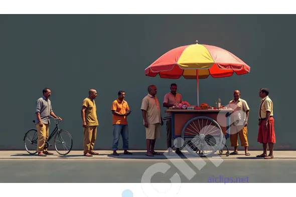 Indian Street Vendor Cart with Men Gathering - Vibrant Urban Scene
