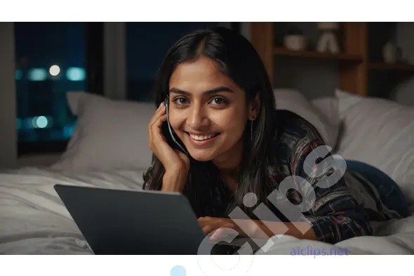 Smiling Indian Woman Using Laptop at Night - Relaxed at Home