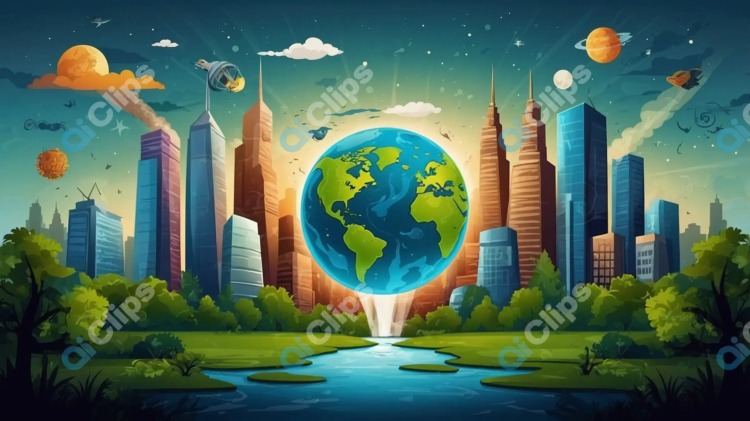 Earth in a Modern City Illustration