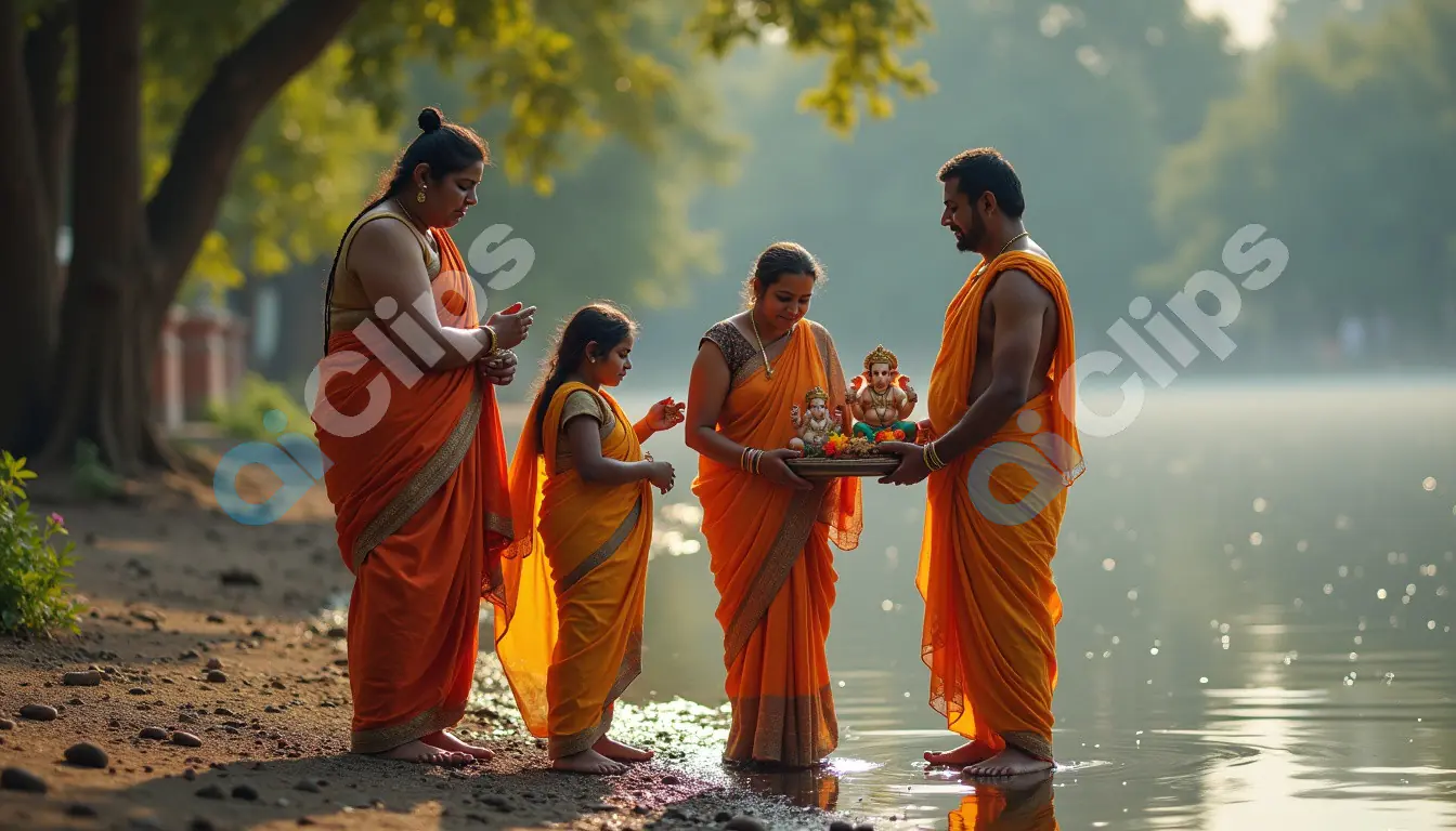 Indian Family Performing Ganesh Visarjan Ritual - Traditional Riverbank Ceremony