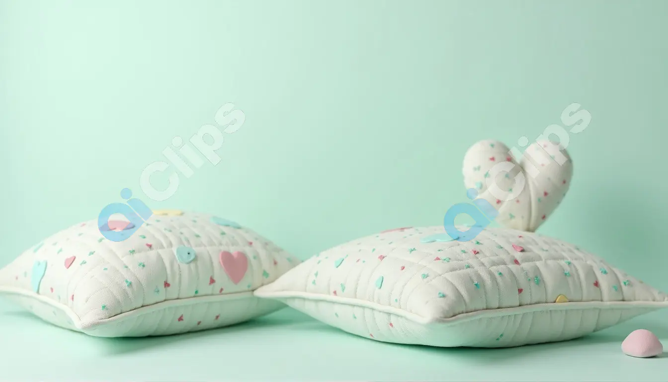 Quilted Heart Cushions with Pastel Accents on Mint Green Background