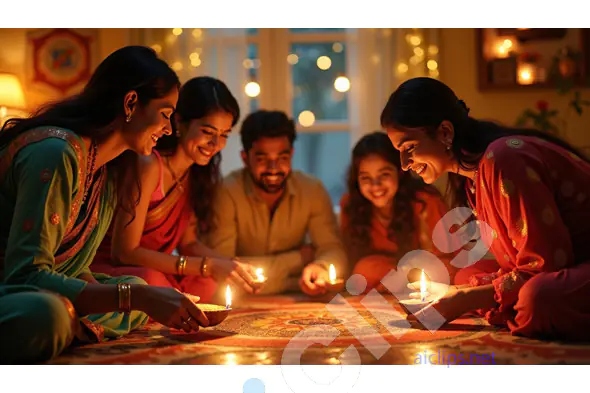Diwali Family Celebration with Rangoli and Diyas
