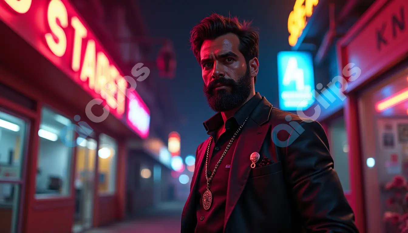 Mysterious Man in Neon-Lit Urban Night Scene