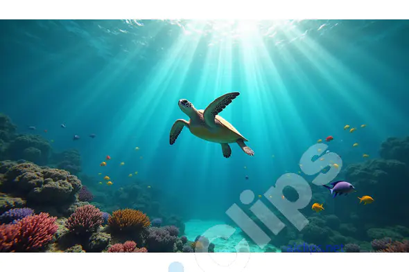 Majestic Sea Turtle Gliding Through Sunlit Coral Reef