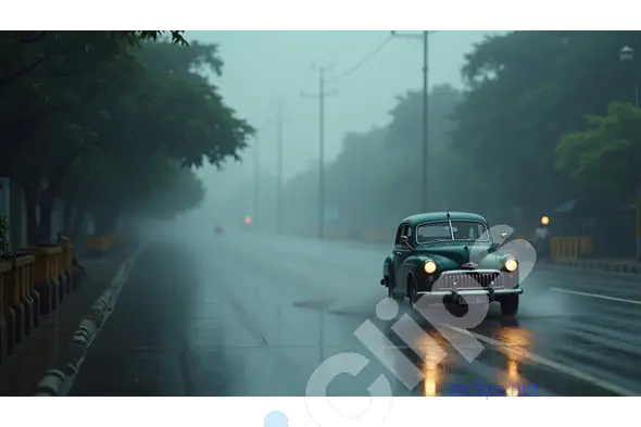 Vintage Car Driving on Rainy Street at Dawn