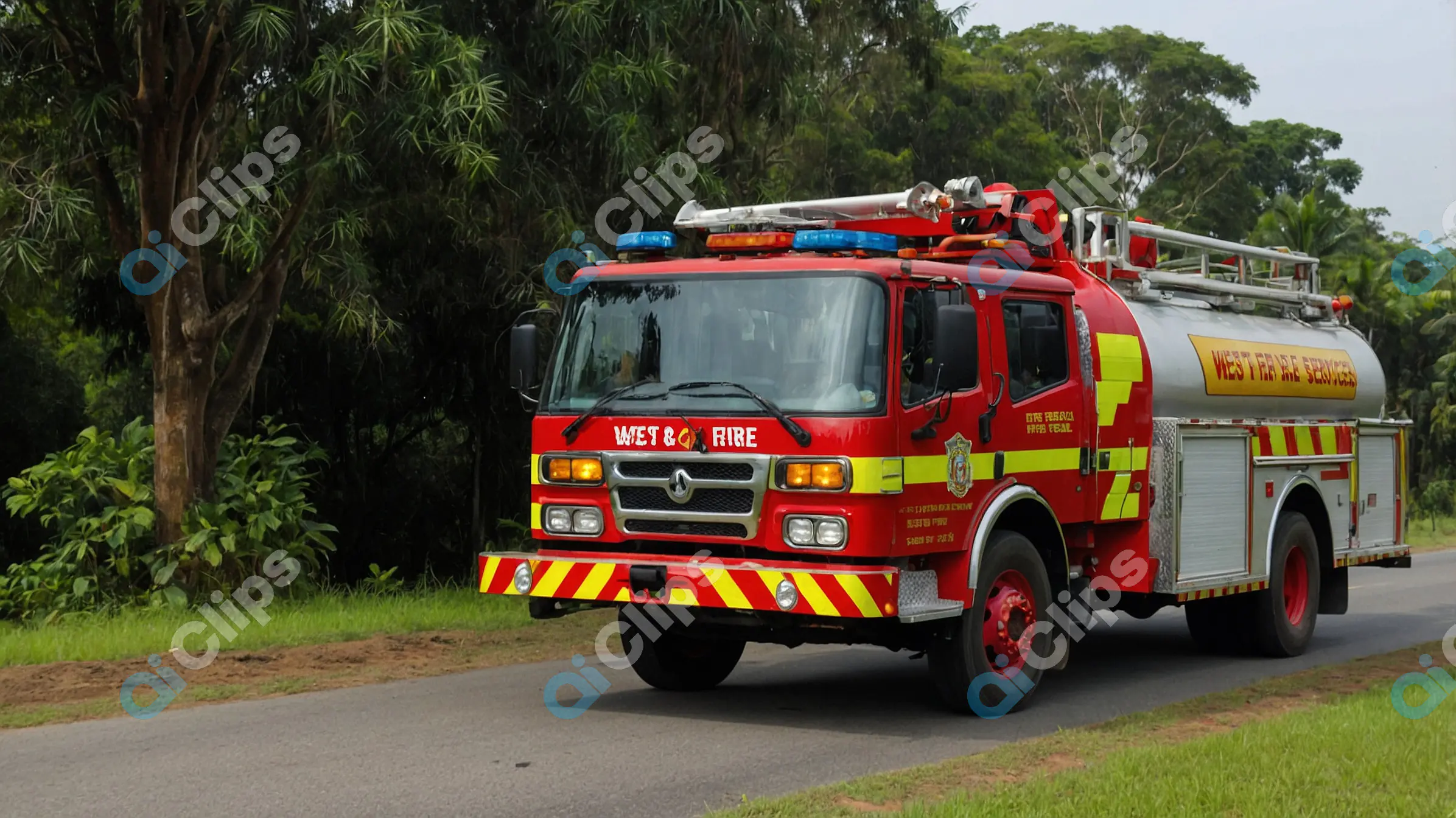 Red Fire Truck on Patrol in Rural Area