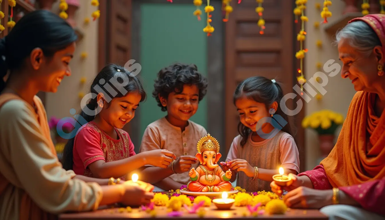 Family Celebrating Ganesh Chaturthi with Decorations and Lamps