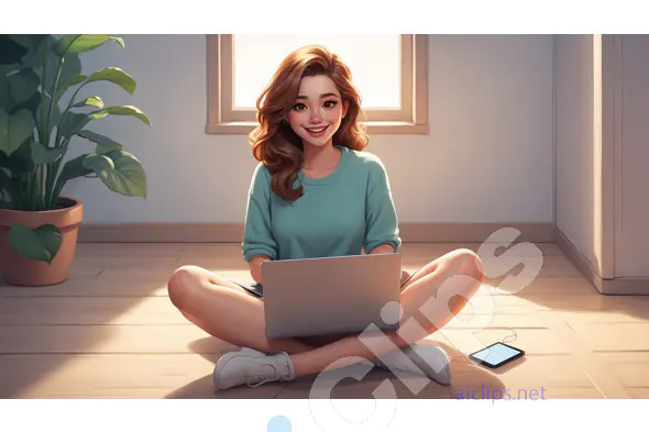 Young Woman Character Working on Laptop Illustration