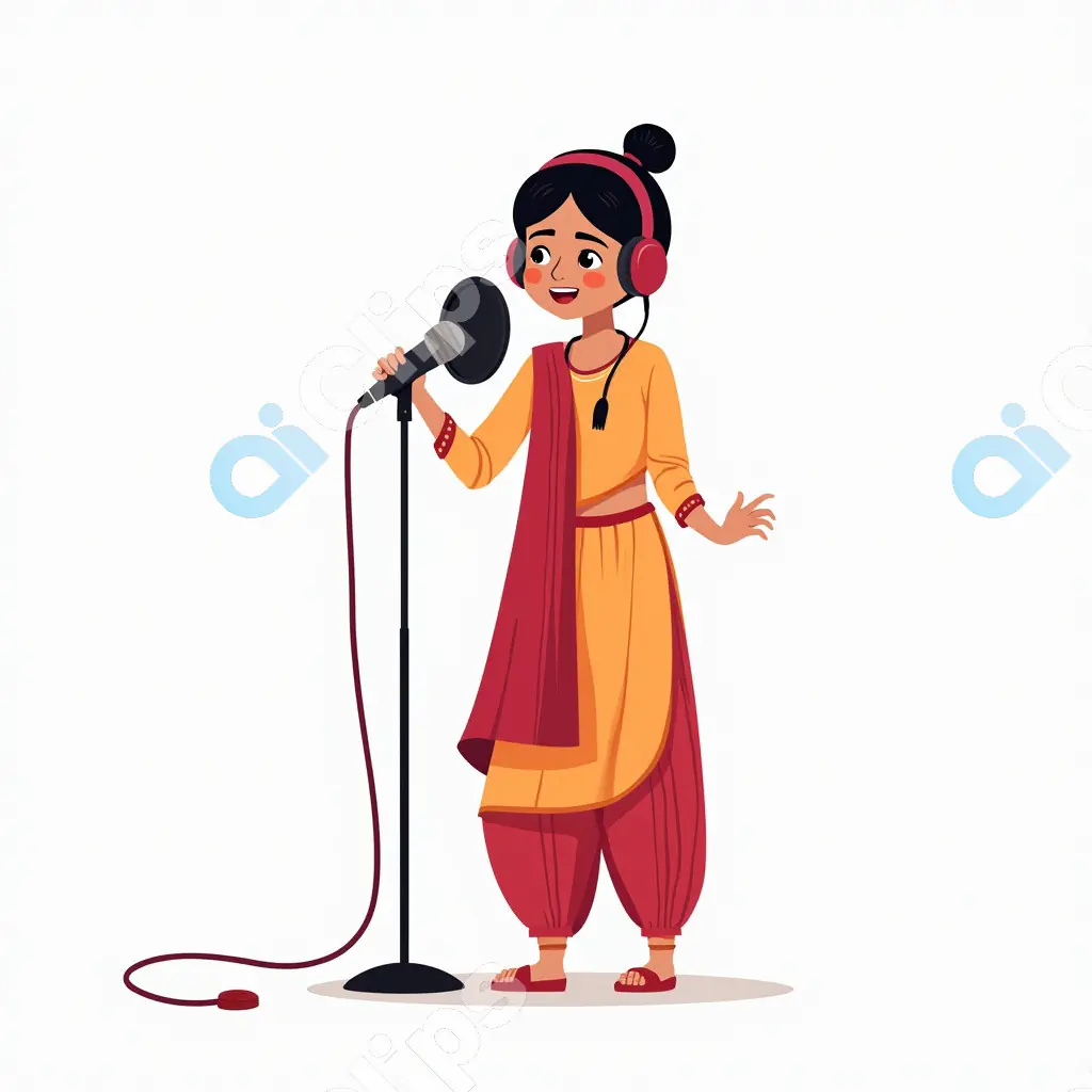 Indian Girl Singing in Studio Vector Illustration