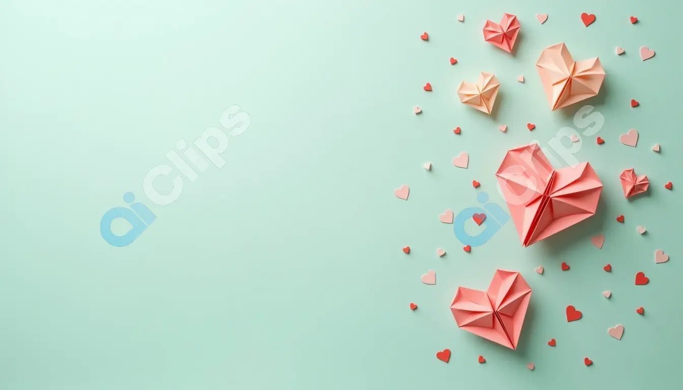Origami Hearts and Confetti on Mint Green Background - Love and Celebration