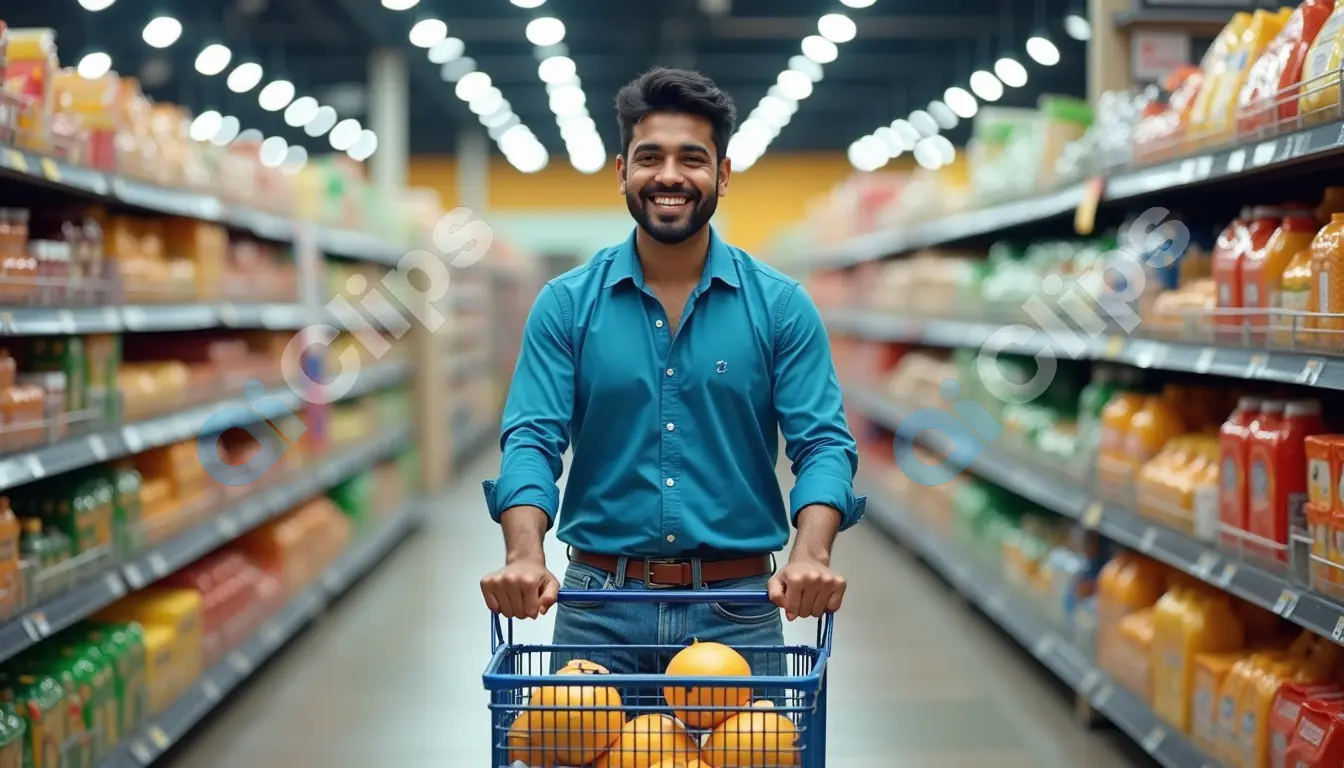 Young Man Shopping in Supermarket Aisle