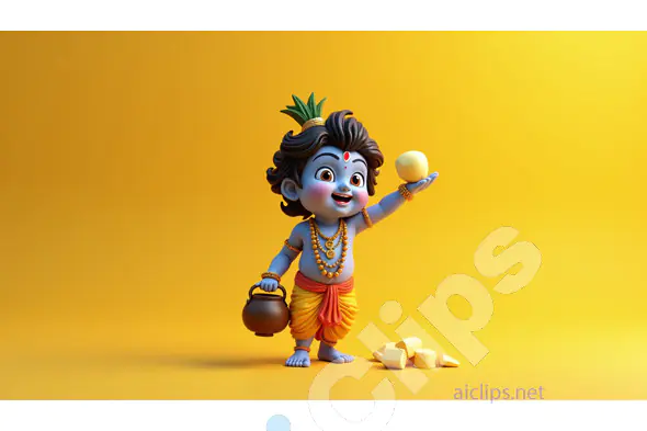 Cute Krishna Holding Butter on Yellow Background