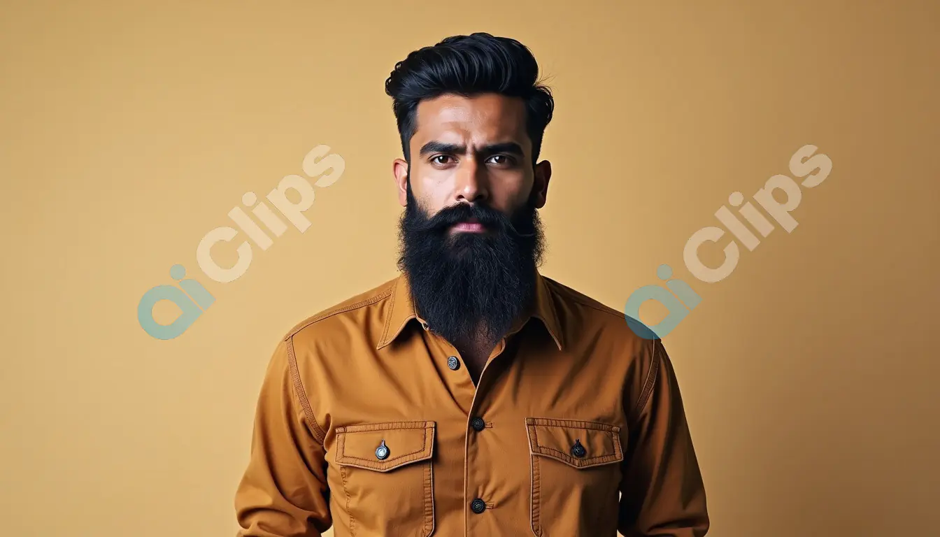 Serious Bearded Man in Mustard Shirt with Neutral Background