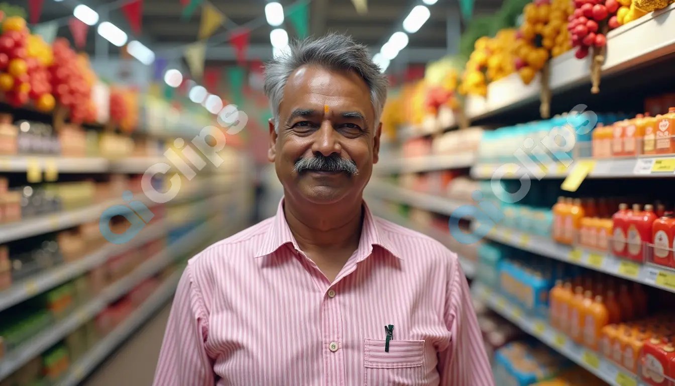 Portrait of a Happy Man in a Vibrant Supermarket Aisle