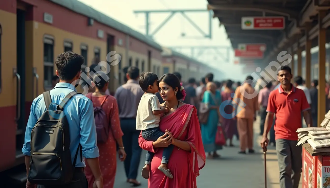 Mother with Child at Busy Indian Train Station