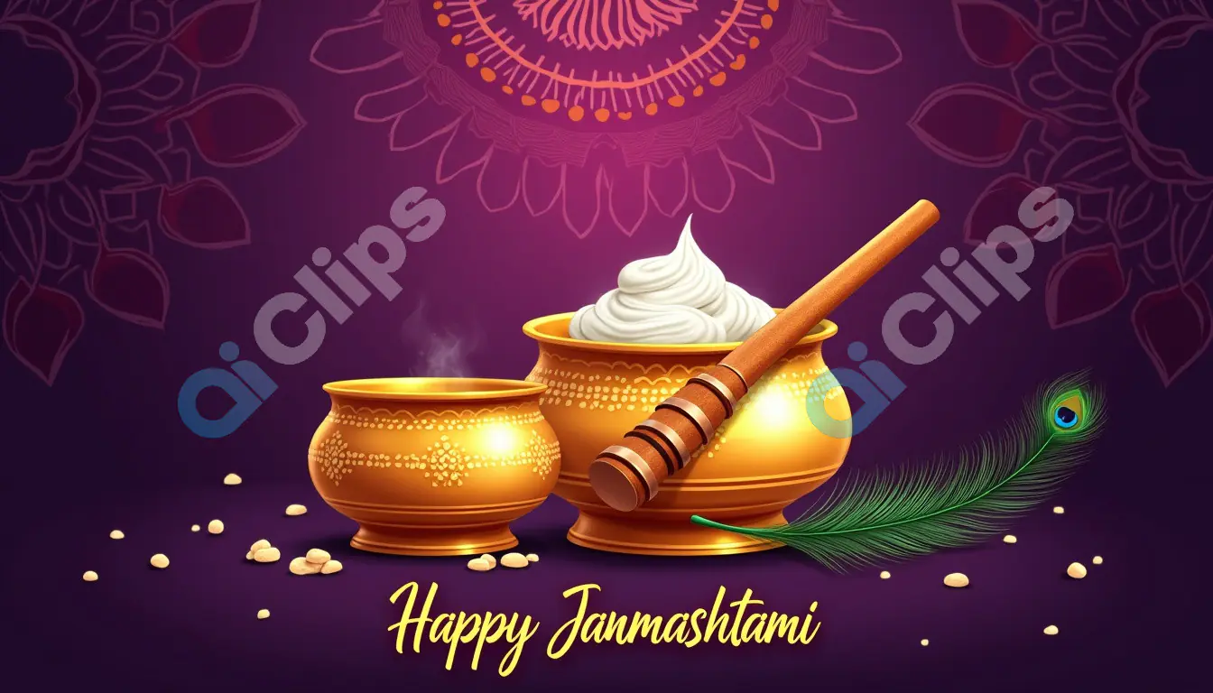 Janmashtami Greeting with Matki, Butter, and Peacock Feather