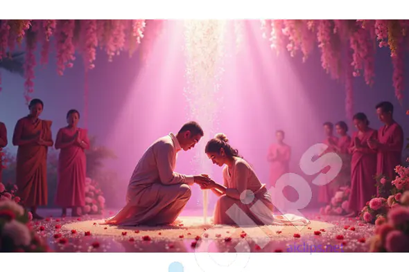 Serene Wedding Ritual Under Blossoming Canopy