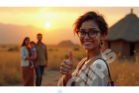 Young Woman in Indian Village at Sunset with Family