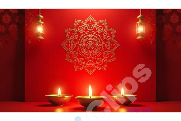 Elegant Red Diwali Rangoli with Diyas and Lanterns