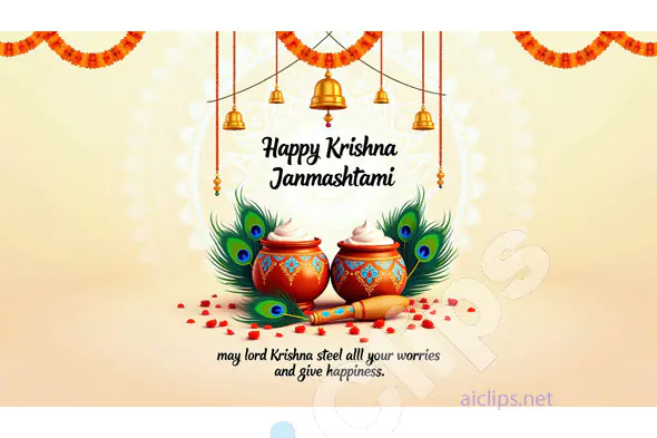 Happy Krishna Janmashtami - Traditional Celebration with Butter Pots and Peacock Feathers