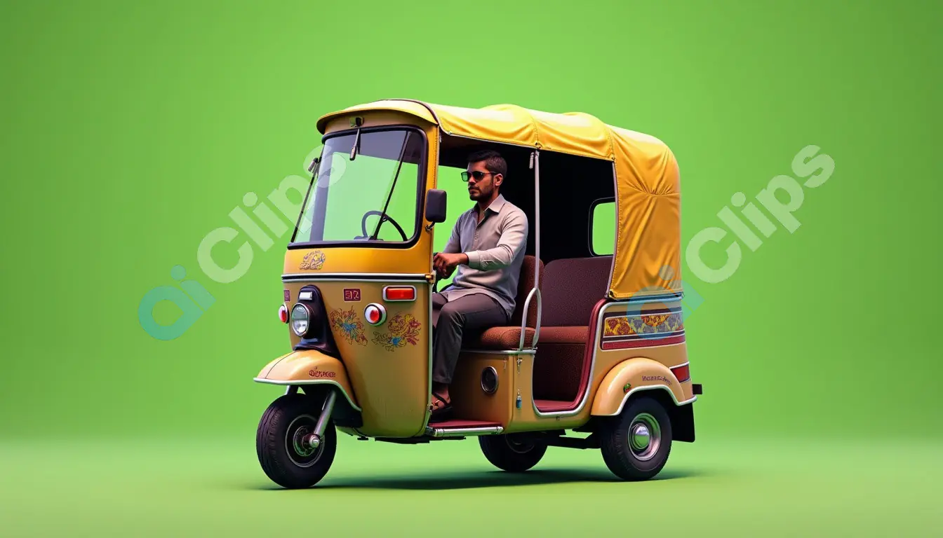 Vibrant Auto Rickshaw on Green Background