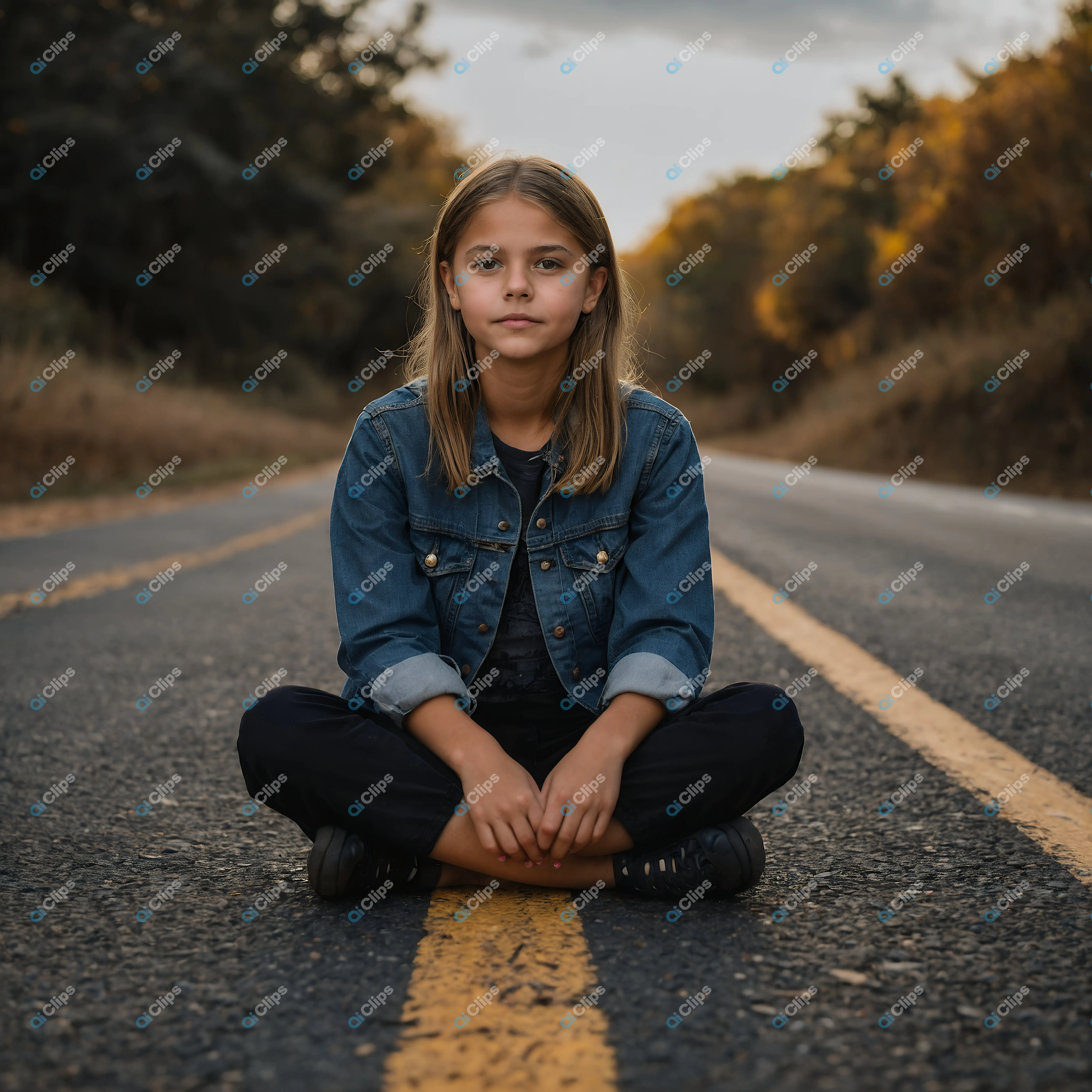 Girl on Road at Sunset
