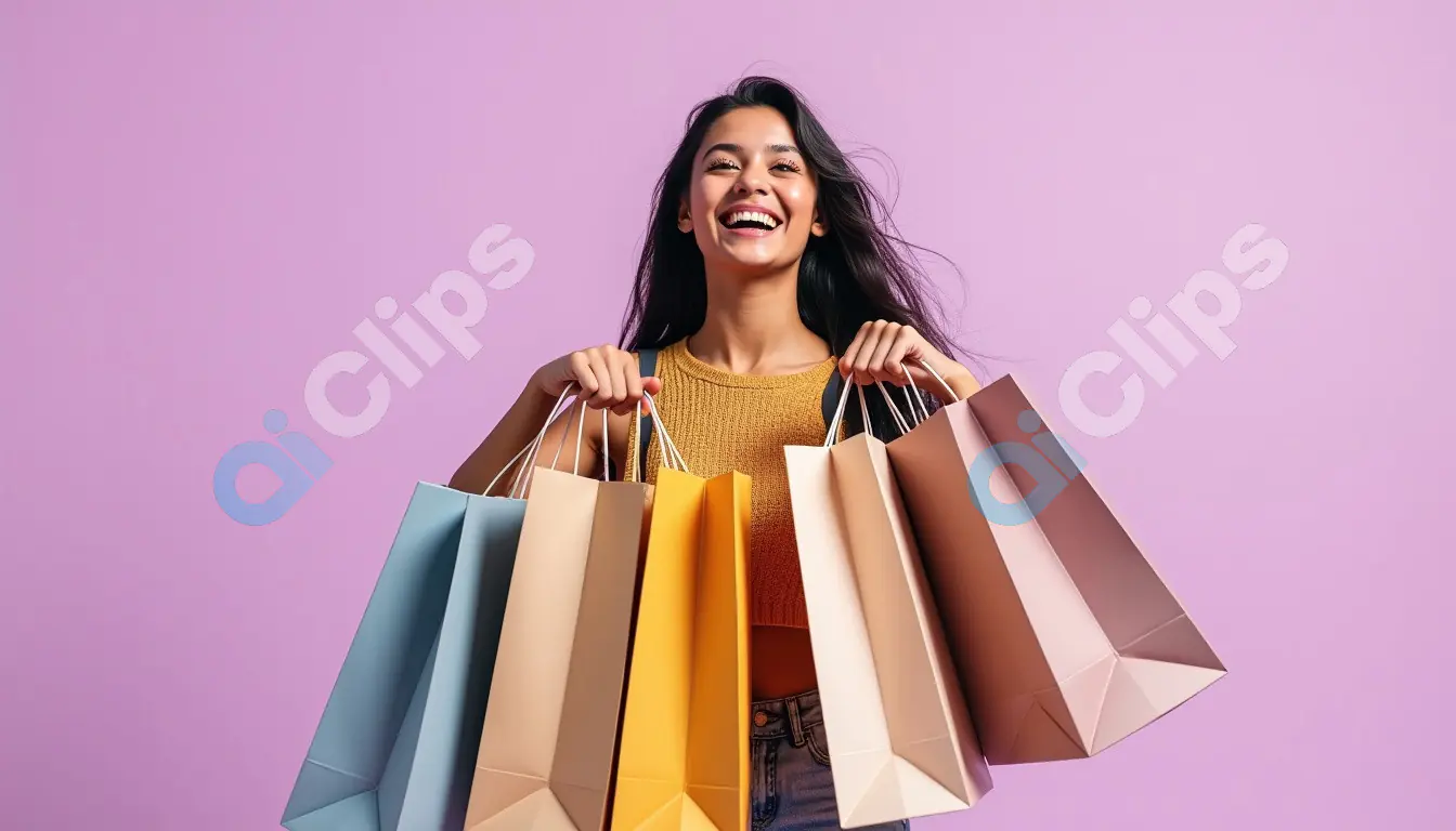 Smiling Woman with Shopping Bags on Pastel Background