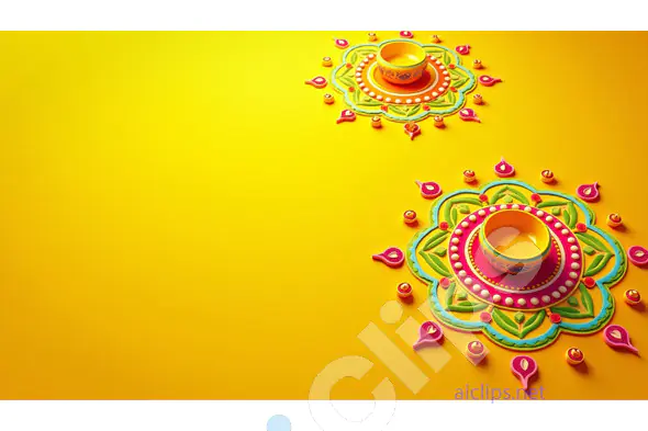 Diwali Rangoli Design with Diyas on Vibrant Yellow Background