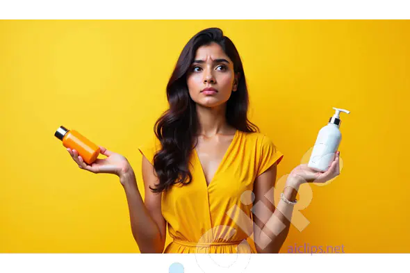 Confused Woman Holding Two Bottles on Yellow Background