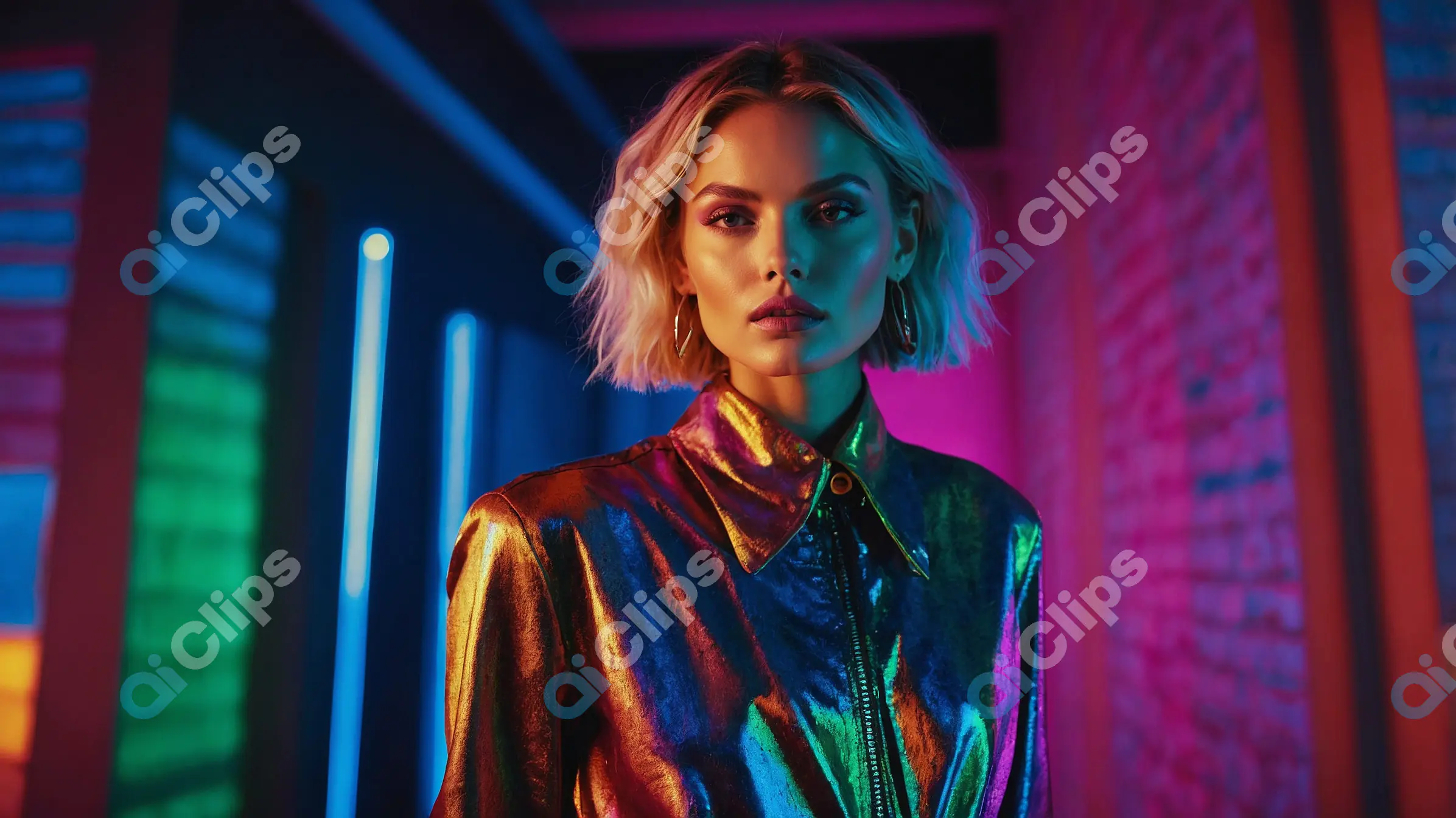 Metallic Fashion Portrait with Neon Glow