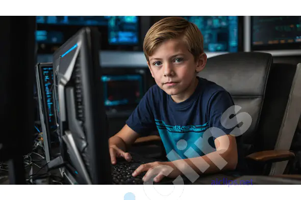 Young Boy in High-Tech Computer Setup