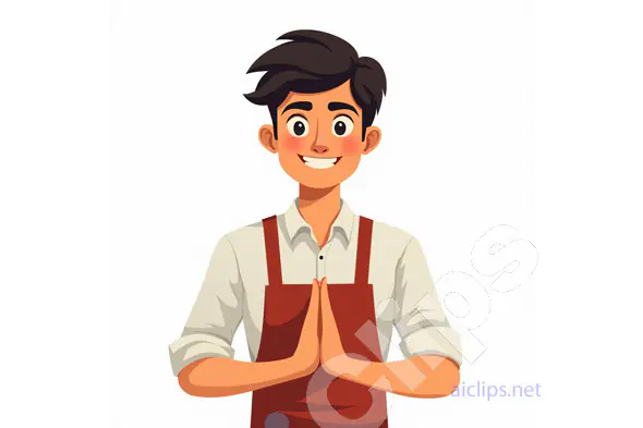 Smiling Young Man in Apron with Namaste Gesture Vector Illustration