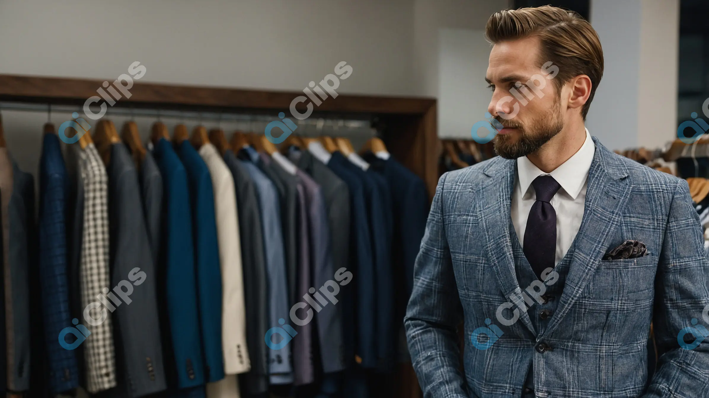 Stylish Man in Blue Suit Shopping for Formal Wear
