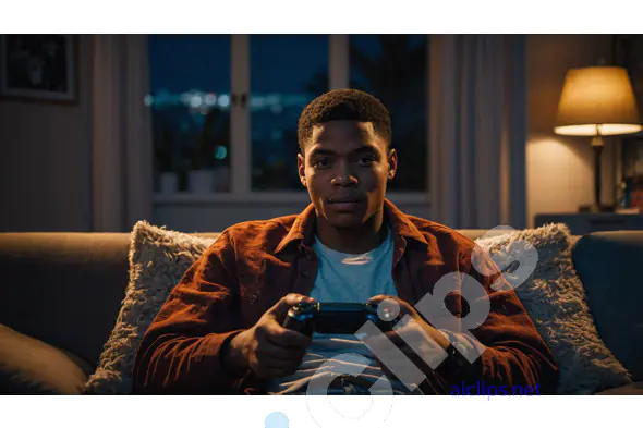 Young Man Gaming at Home - Nighttime Scene