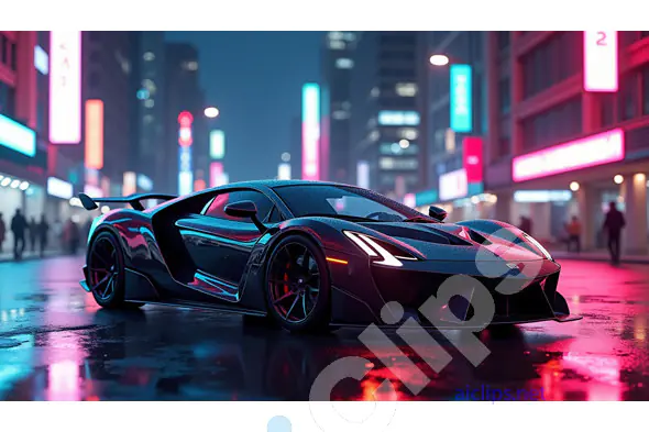 Futuristic Black Supercar on Neon-Lit Urban Streets