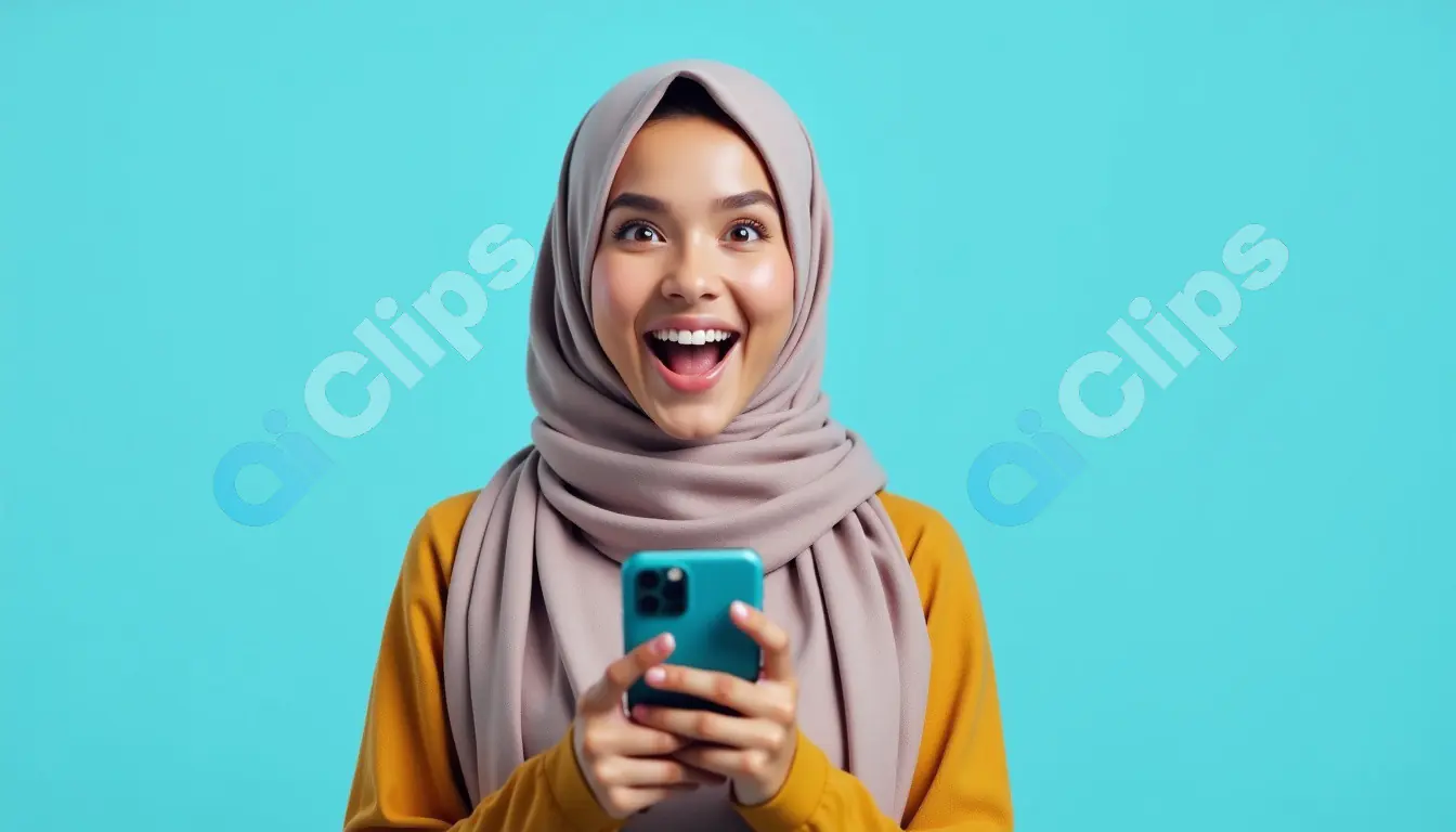Surprised Young Woman in Hijab Holding Smartphone
