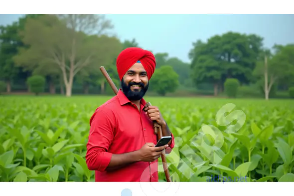 Indian Farmer Using Smartphone in a Lush Green Field