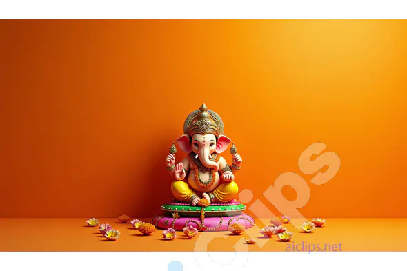 Elegant 3D Lord Ganesha Idol with Flowers on Orange Background
