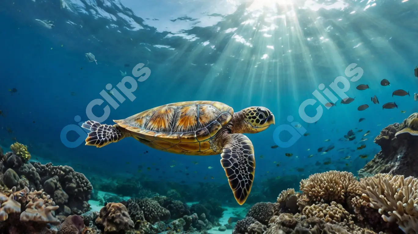 Sea Turtle Gliding in Sunlit Ocean