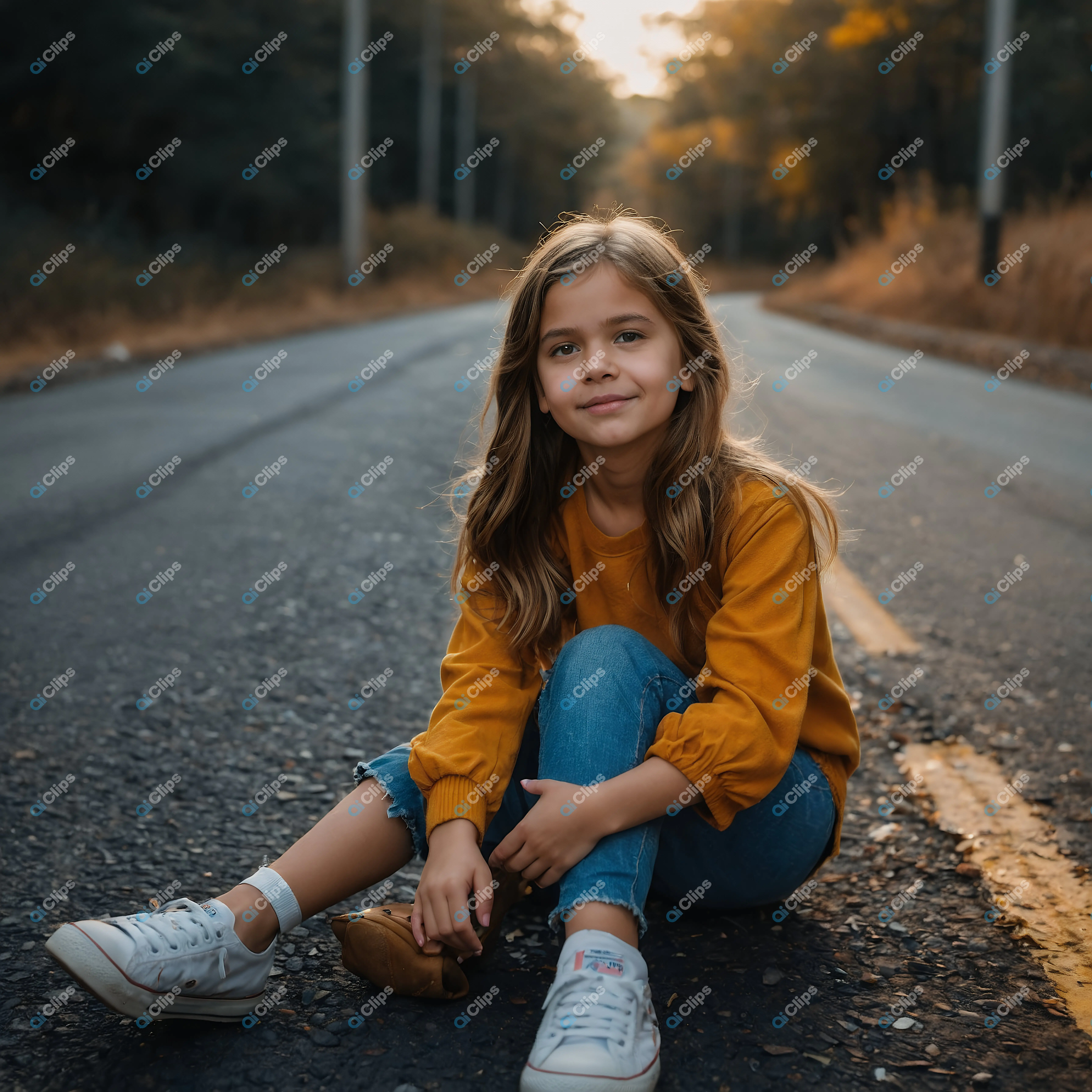 Girl Sitting on Road
