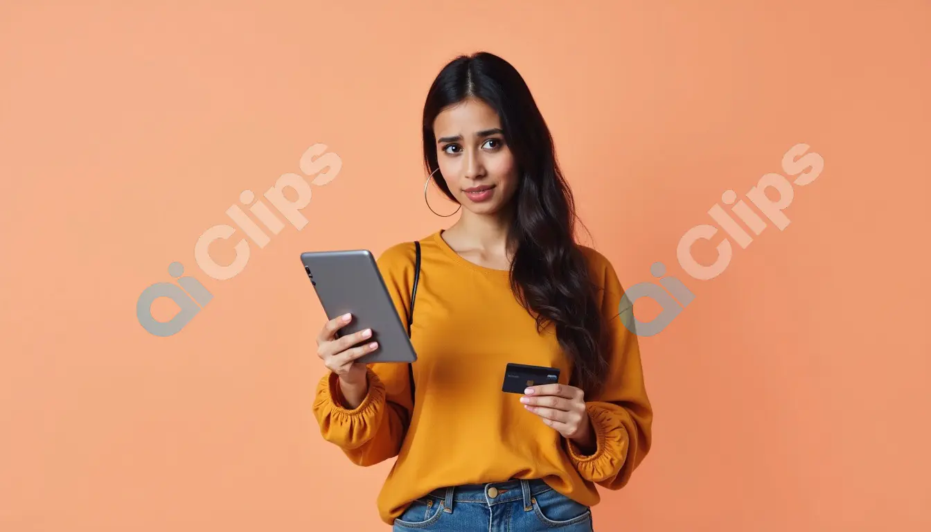 Concerned Woman Holding Credit Card and Tablet on Peach Background