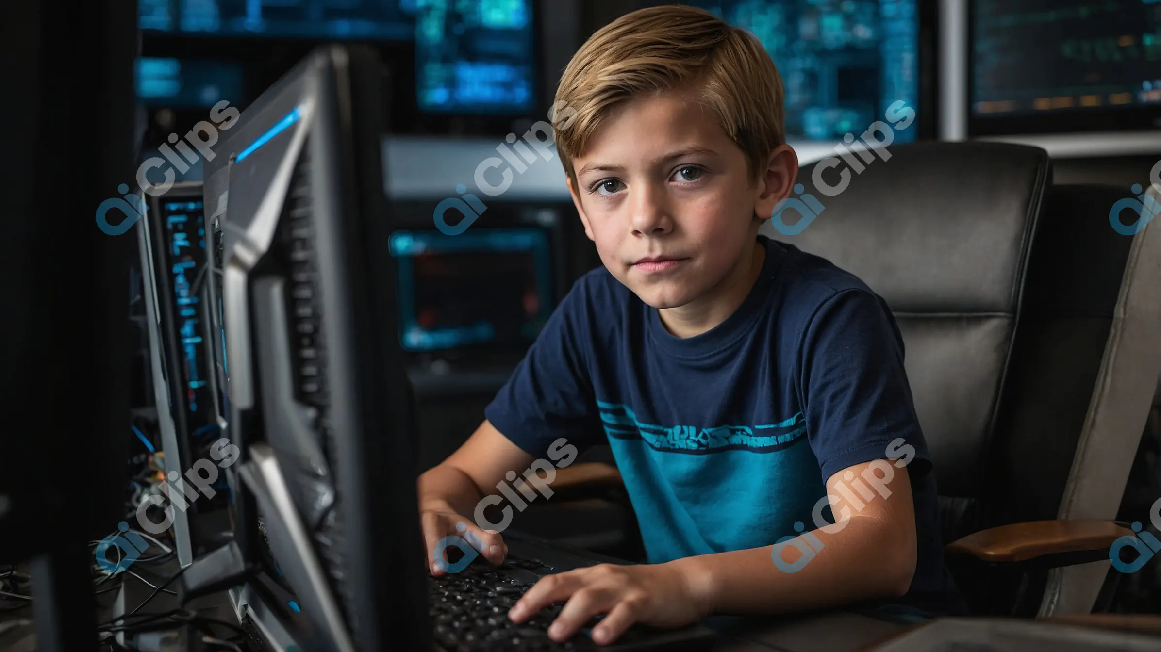 Young Boy in High-Tech Computer Setup