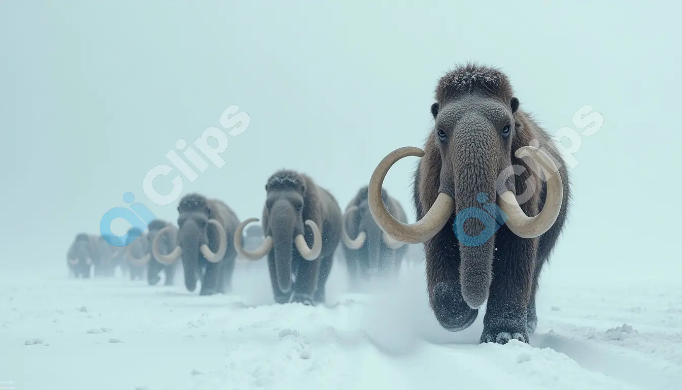 Majestic Woolly Mammoths Marching Through Snowy Tundra