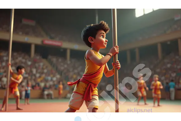 Young Boy Practicing Traditional Indian Pole Sport - Animated Scene