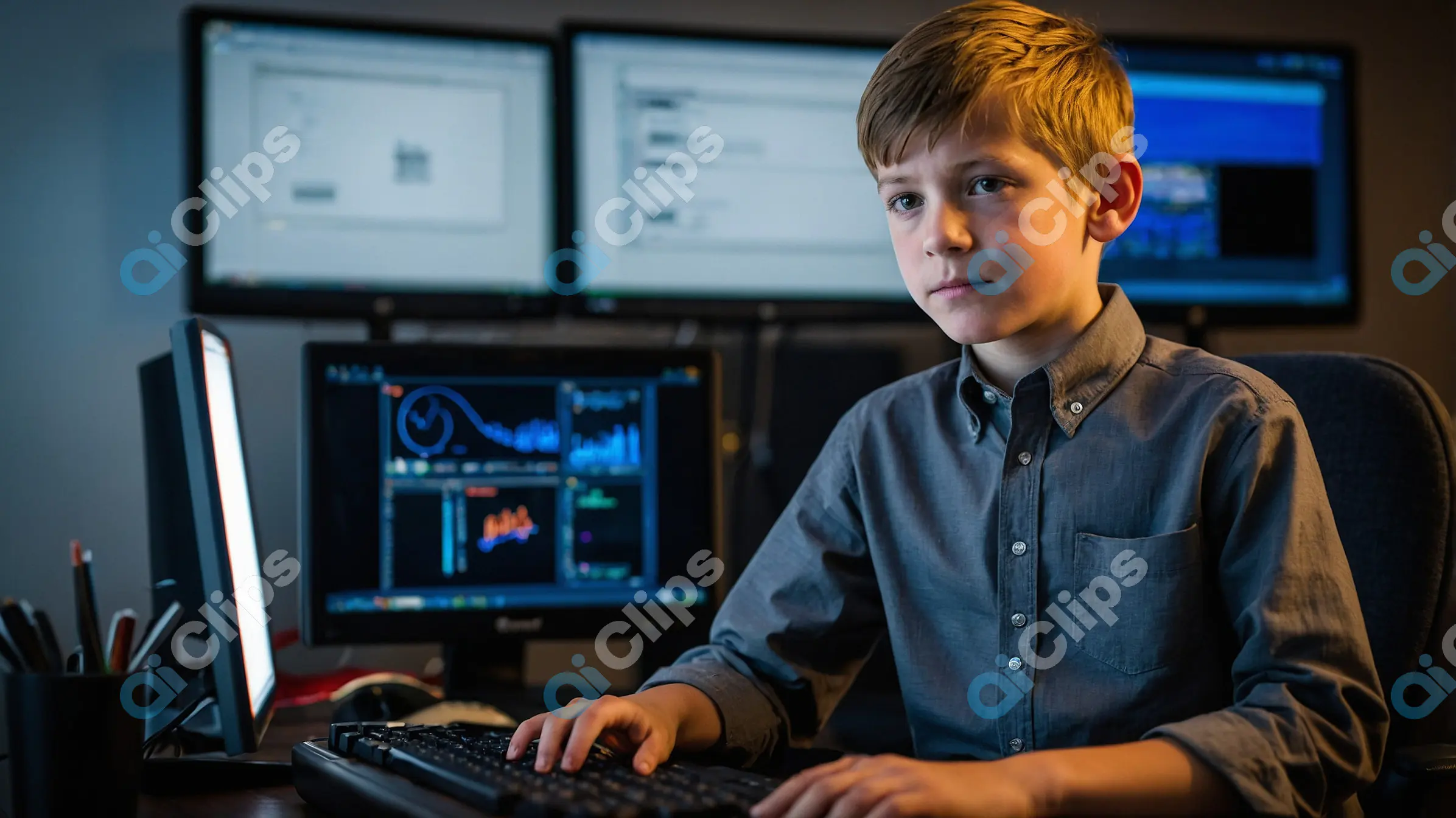 Focused Boy Working on Computer